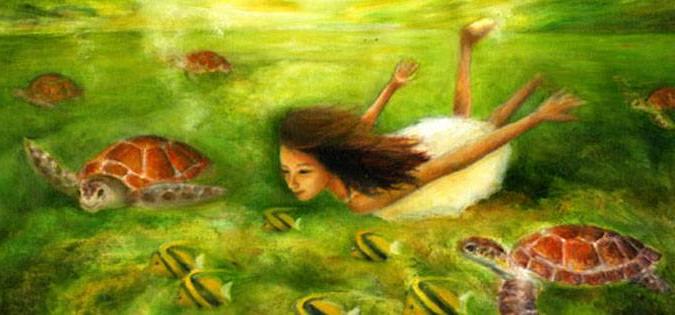 ROW艺术女孩和海龟一起游泳
