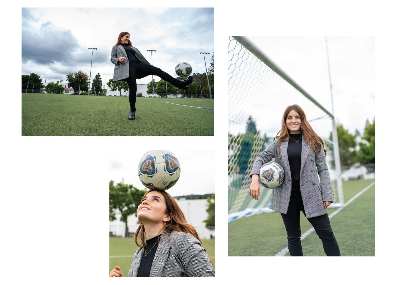 A student with a soccer ball wearing a suit in multiple formats