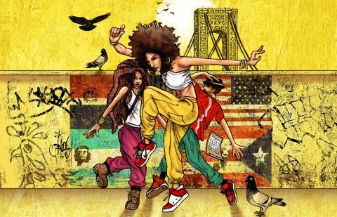 《在高地上》中多名舞者的生动的黄色插图. 在他们身后，是一幅绘有波多黎各和美国国旗的壁画
