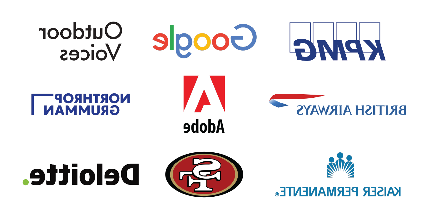 Logos for 毕马威(KPMG), 谷歌 ,Outdoor Voices, British Airways, Adobe, Northrop Grumman, 凯撒, 旧金山49人队, and 德勤.