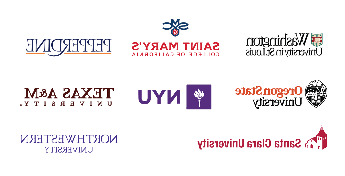 Logos for Washington University of St. Louis, Saint Mary's College of California, Pepperdine, Oregon State University, NYU, 德克萨斯州的一个&M, Santa Clara University, NOrthwestern University