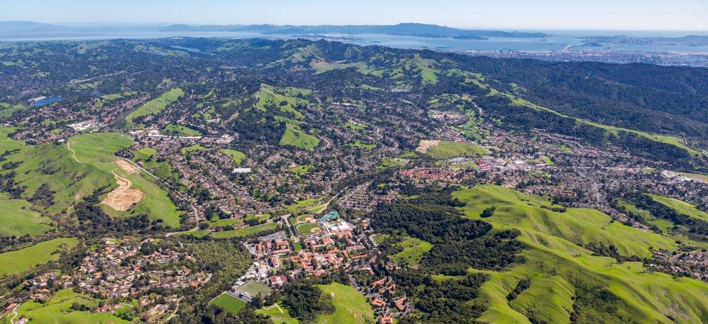 An aerial view of the San Francisco Bay Area near Saint Mary's College
